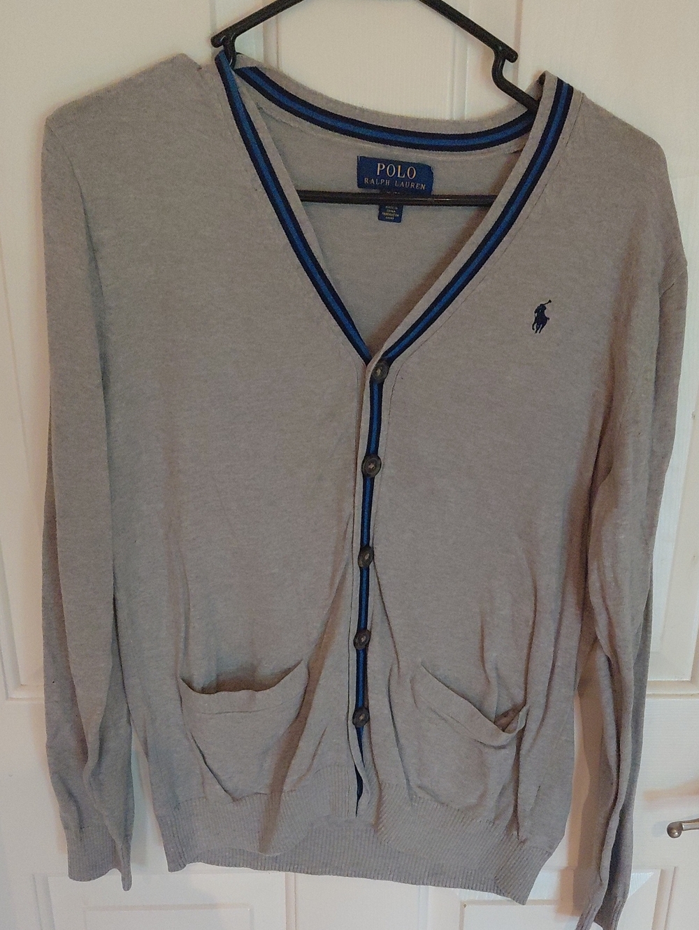 Polo by Ralph Lauren Light Gray Cardigan with Blue Trim
